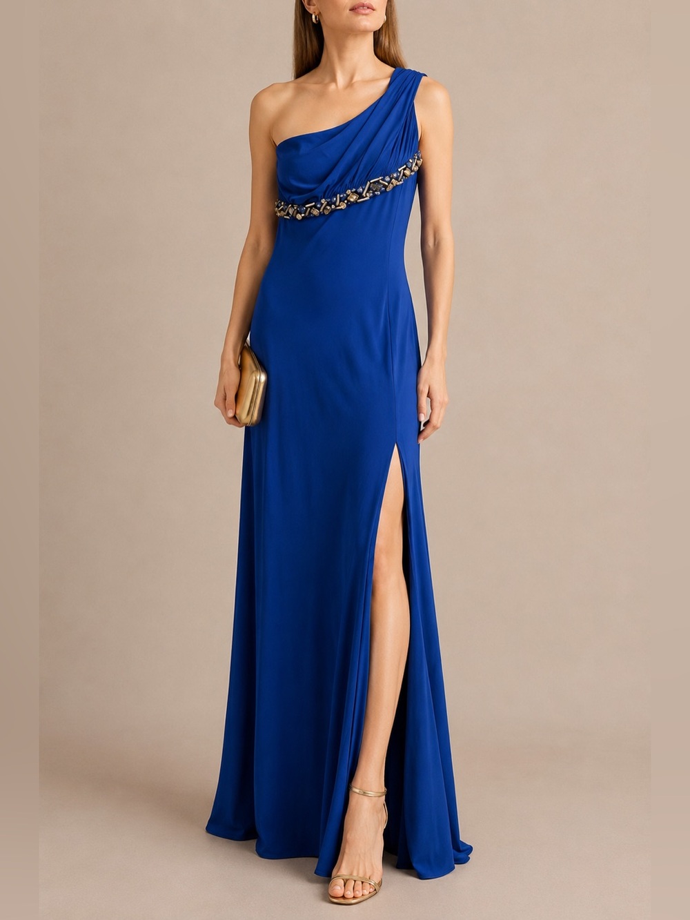 One-Shoulder Royal Blue Evening Gown with Embellished Waist and Open Back